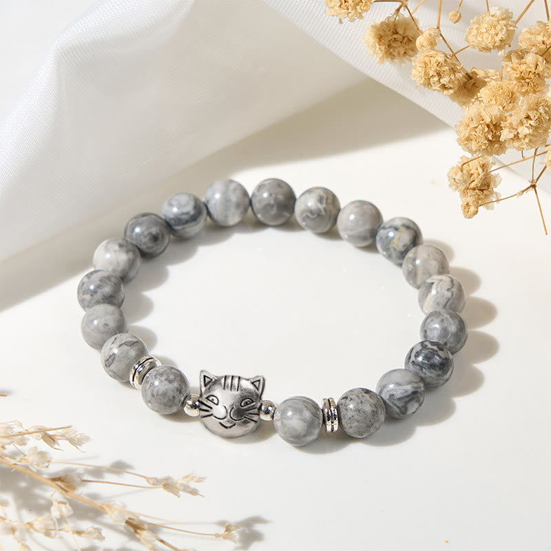 Braccialetto curativo con perline di diaspro grigio naturale a forma di gatto Buddha Stones - Diaspro grigio (circonferenza del polso: 16-19 cm) - image 0