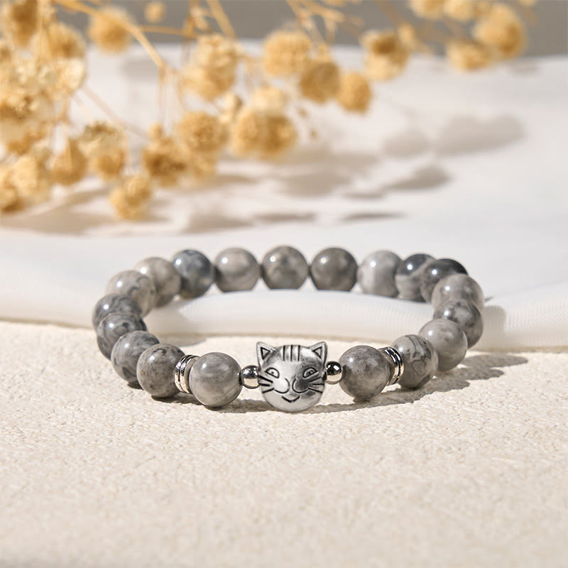 Braccialetto curativo con perline di diaspro grigio naturale a forma di gatto Buddha Stones - image 1