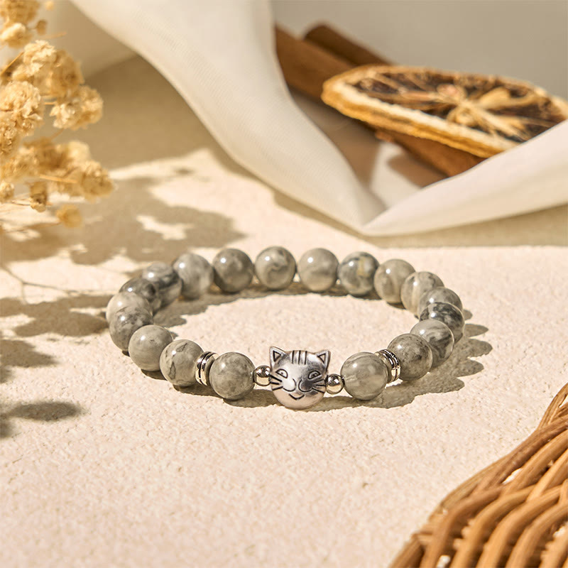 Braccialetto curativo con perline di diaspro grigio naturale a forma di gatto Buddha Stones - image 2
