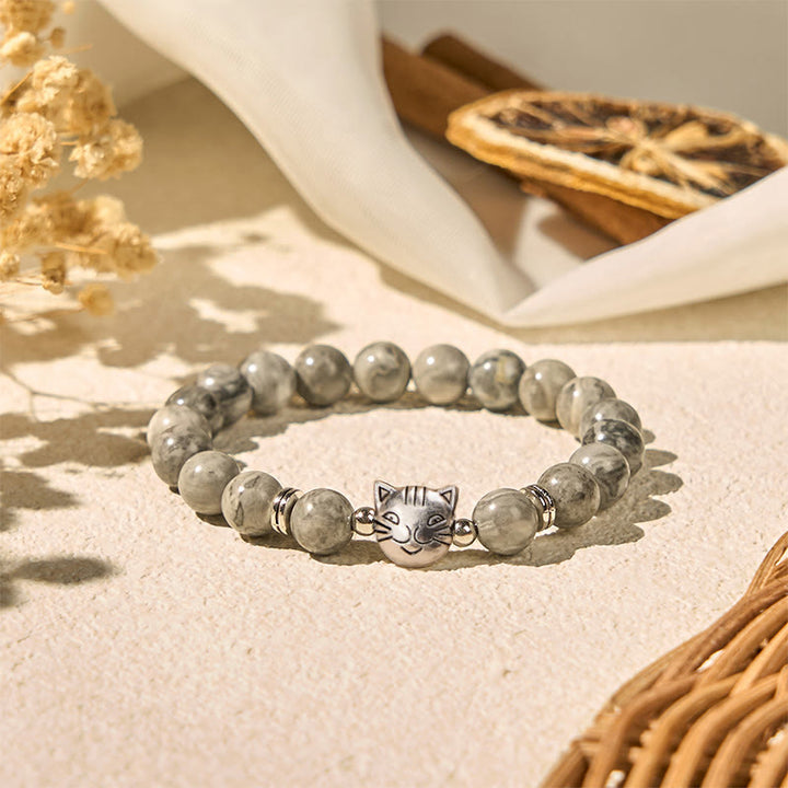 Braccialetto curativo con perline di diaspro grigio naturale a forma di gatto Buddha Stones - image 2