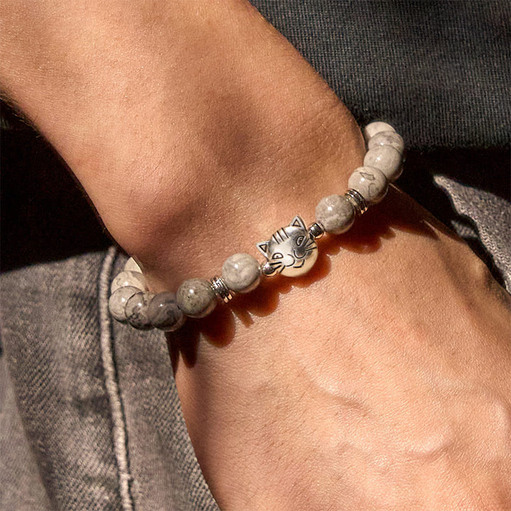 Braccialetto curativo con perline di diaspro grigio naturale a forma di gatto Buddha Stones - image 6