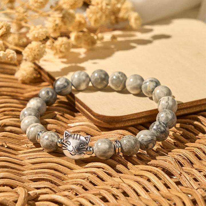 Braccialetto curativo con perline di diaspro grigio naturale a forma di gatto Buddha Stones - image 3