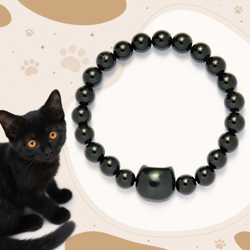 Braccialetto di protezione in onice nero naturale con gatto nero Buddha Stones - Onice nero (circonferenza del polso: 14-16 cm) - image 1