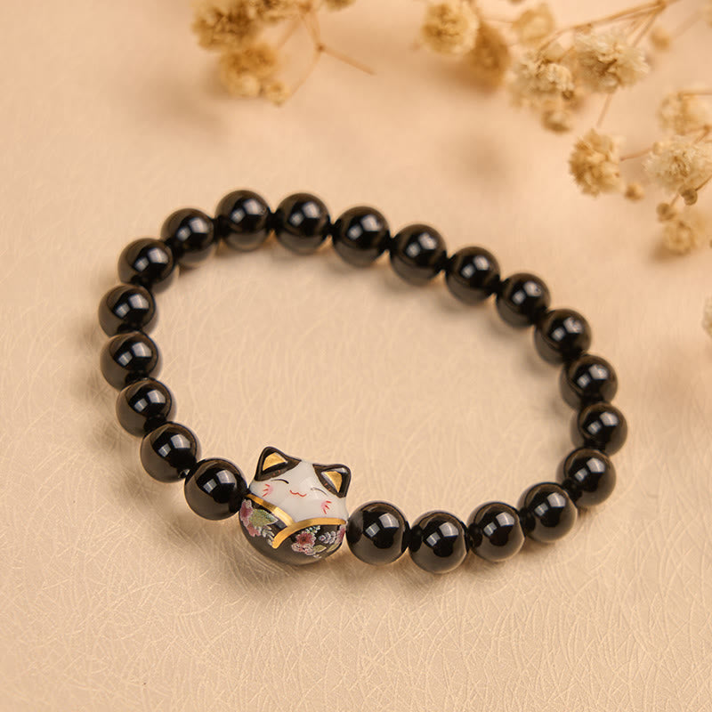 Braccialetto della fortuna con gattino in ceramica onice nera naturale Buddha Stones Black Cat - image 1
