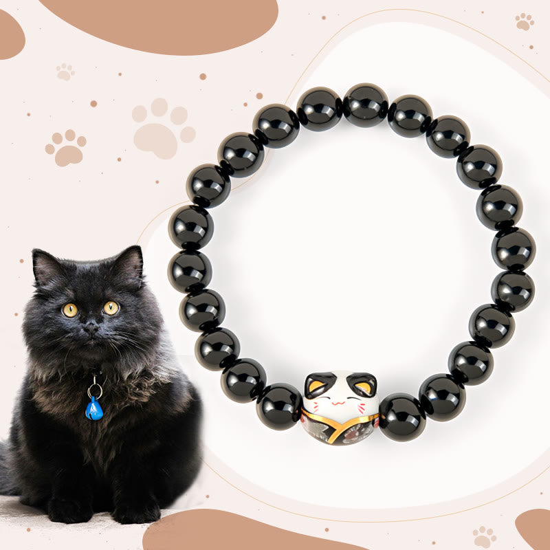 Braccialetto della fortuna con gattino in ceramica onice nera naturale Buddha Stones Black Cat - Onice nero (circonferenza del polso: 15-16 cm) - image 0