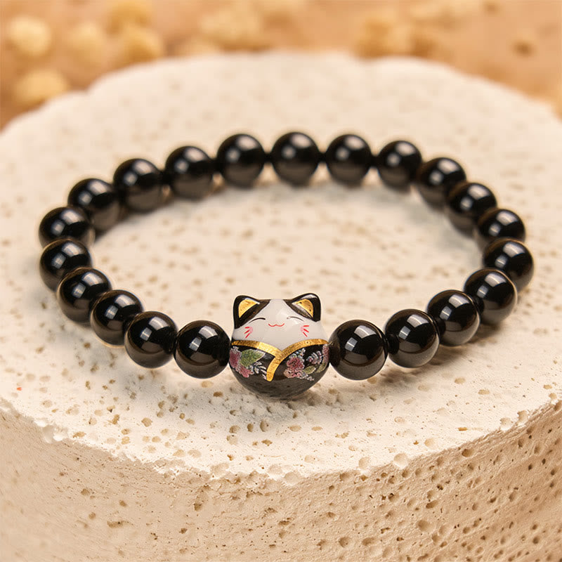 Braccialetto della fortuna con gattino in ceramica onice nera naturale Buddha Stones Black Cat - image 3