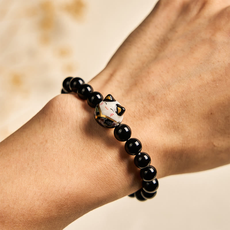 Braccialetto della fortuna con gattino in ceramica onice nera naturale Buddha Stones Black Cat - image 4