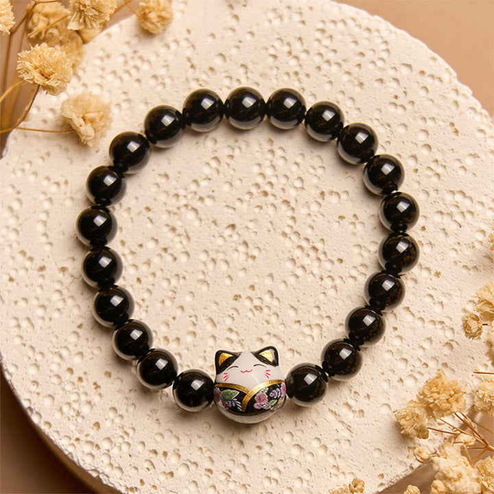 Braccialetto della fortuna con gattino in ceramica onice nera naturale Buddha Stones Black Cat - image 2