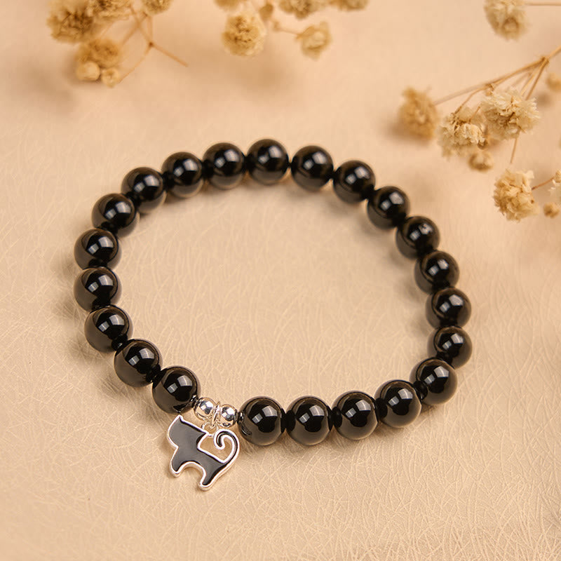 Braccialetto di protezione in onice nero naturale con ciondolo a forma di gattino in argento sterling 925 Buddha Stones - image 1
