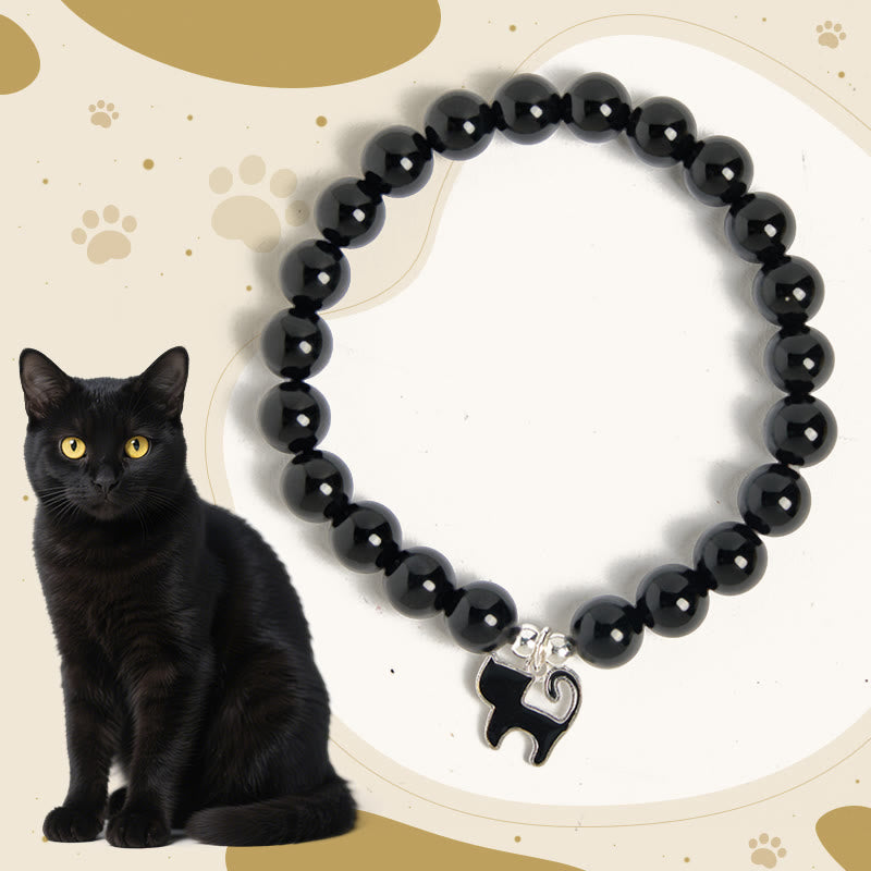 Braccialetto di protezione in onice nero naturale con ciondolo a forma di gattino in argento sterling 925 Buddha Stones - Onice nero (circonferenza del polso: 15-16 cm) - image 0