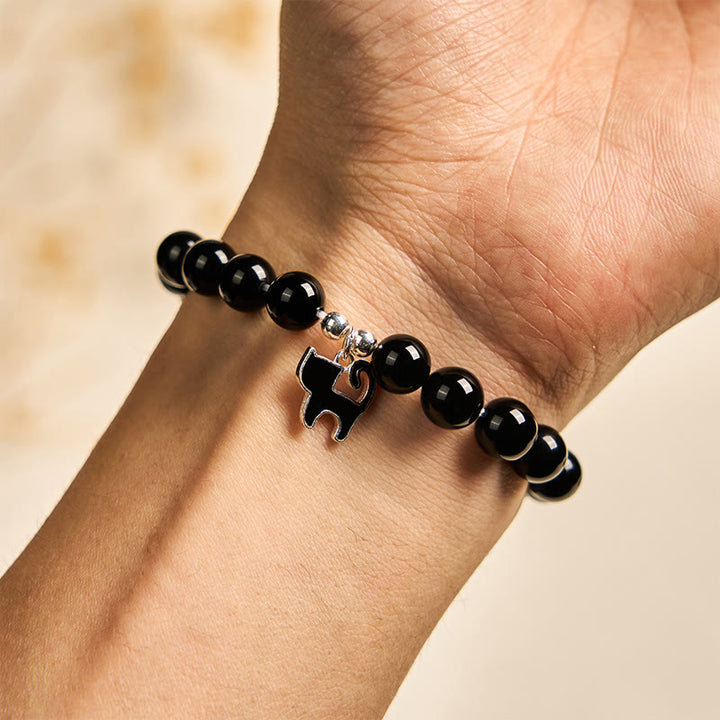 Braccialetto di protezione in onice nero naturale con ciondolo a forma di gattino in argento sterling 925 Buddha Stones - image 4