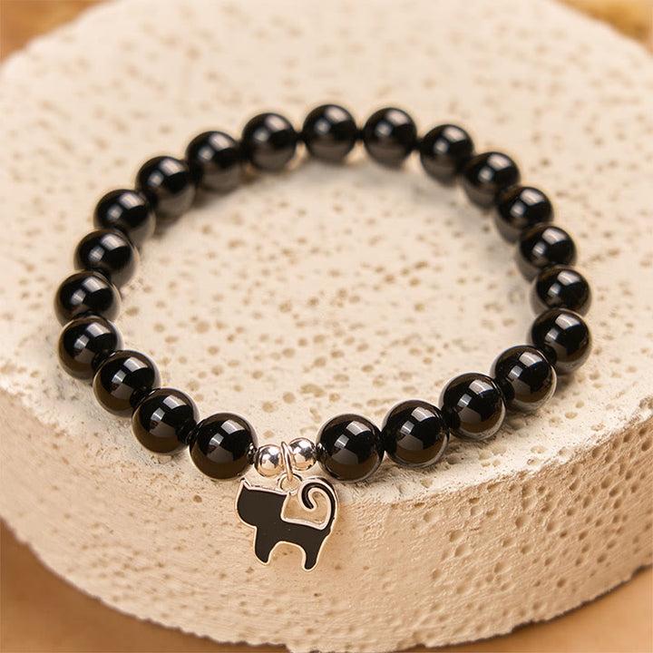 Braccialetto di protezione in onice nero naturale con ciondolo a forma di gattino in argento sterling 925 Buddha Stones - image 3