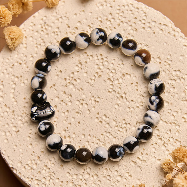 Bracciale Buddha Stones con agata di fuoco bianca e nera e gatto - Gatto bianco e nero (circonferenza del polso 15-16 cm) - image 0