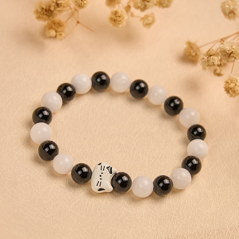 Braccialetto della fortuna con Buddha Stones, gatto bicolore, onice nero e calcedonio bianco - image 1