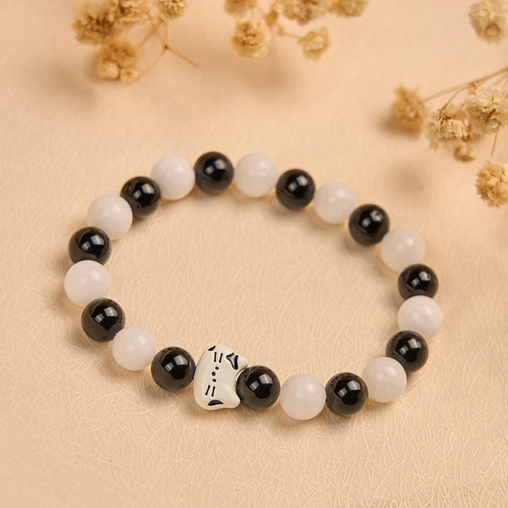 Braccialetto della fortuna con Buddha Stones, gatto bicolore, onice nero e calcedonio bianco - image 1