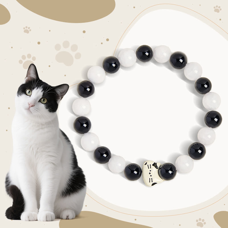 Braccialetto della fortuna con Buddha Stones, gatto bicolore, onice nero e calcedonio bianco - Onice nero (circonferenza polso 14-16 cm) - image 0
