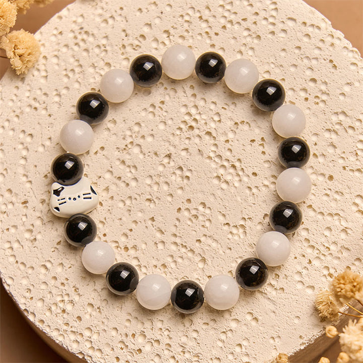 Braccialetto della fortuna con Buddha Stones, gatto bicolore, onice nero e calcedonio bianco - image 2