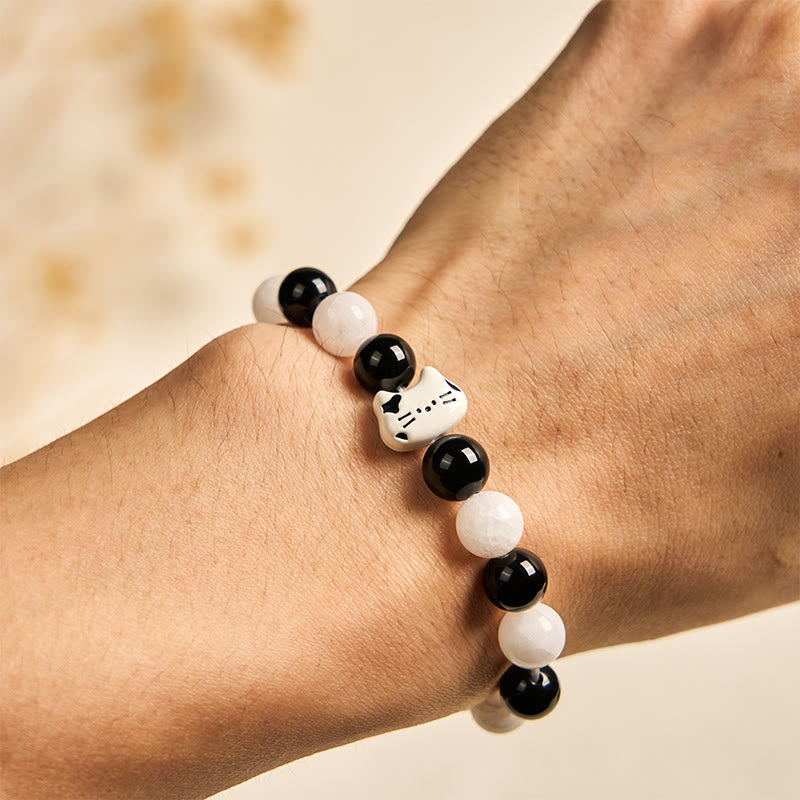 Braccialetto della fortuna con Buddha Stones, gatto bicolore, onice nero e calcedonio bianco - image 4