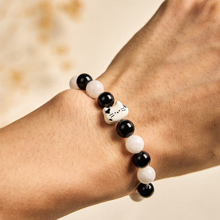 Braccialetto della fortuna con Buddha Stones, gatto bicolore, onice nero e calcedonio bianco - image 4