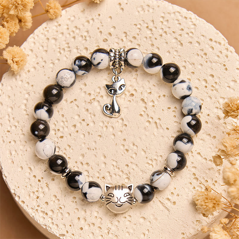 Braccialetto dell'amore con perline di agata di fuoco di gatto bianco e nero Buddha Stones - image 1