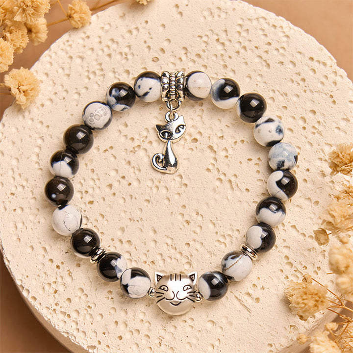 Braccialetto dell'amore con perline di agata di fuoco di gatto bianco e nero Buddha Stones - image 1