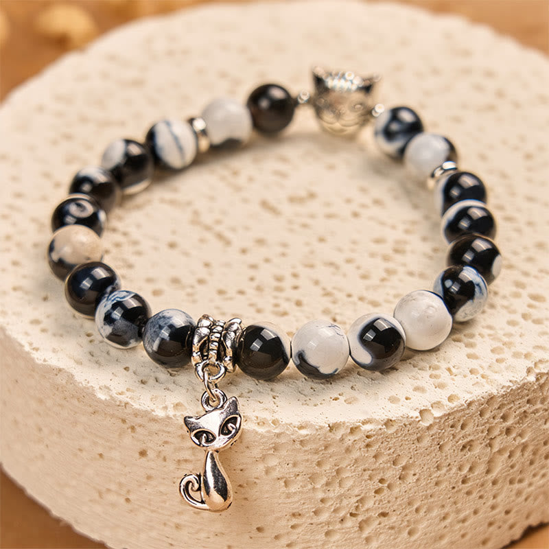 Braccialetto dell'amore con perline di agata di fuoco di gatto bianco e nero Buddha Stones - image 2