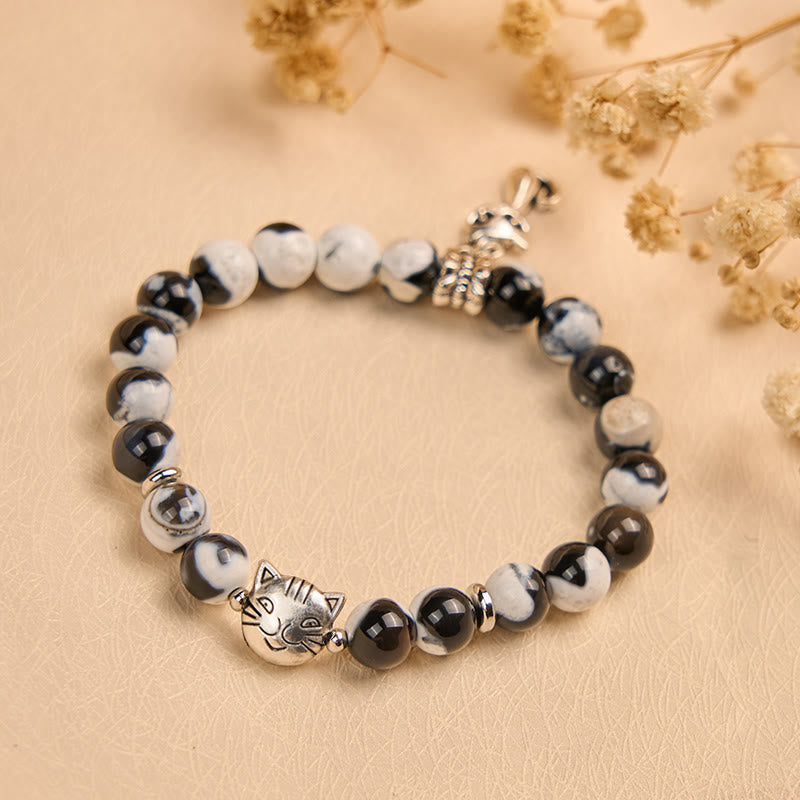 Braccialetto dell'amore con perline di agata di fuoco di gatto bianco e nero Buddha Stones - image 3