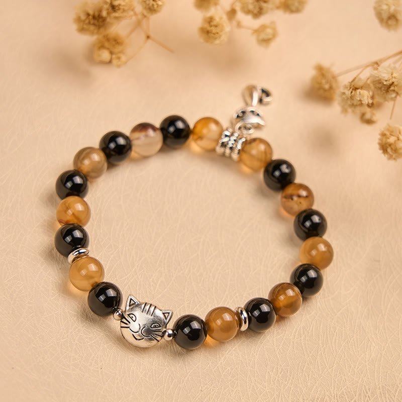 Braccialetto di protezione in onice nero con agata striata marrone chiaro e tartaruga Buddha Stones - image 3
