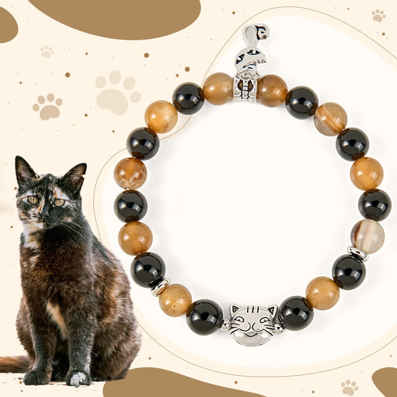 Braccialetto di protezione in onice nero con agata striata marrone chiaro e tartaruga Buddha Stones - Gatto tartarugato (circonferenza del polso 15-16 cm) - image 0