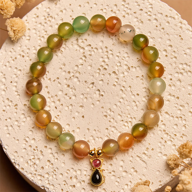 Braccialetto Buddha Stones in argento sterling 925 con tormalina, pavone naturale, agata e coraggio - Agata pavone (circonferenza del polso 15-16 cm) - image 0