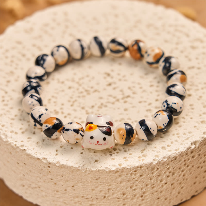 Braccialetto di forza con testa di gattino in ceramica naturale con Buddha Stones e gatto calico - image 2