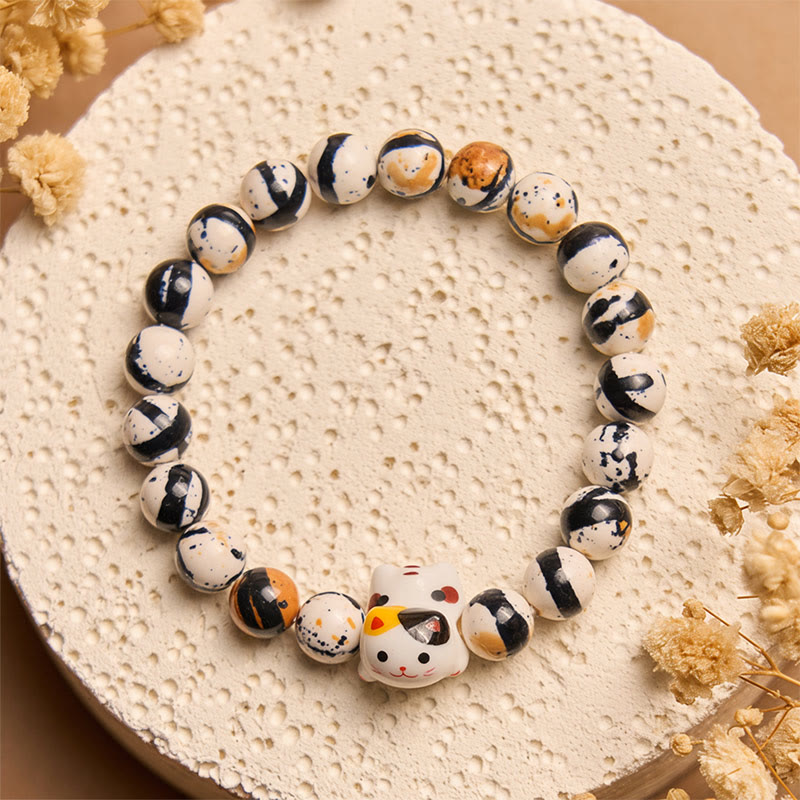 Braccialetto di forza con testa di gattino in ceramica naturale con Buddha Stones e gatto calico - image 1