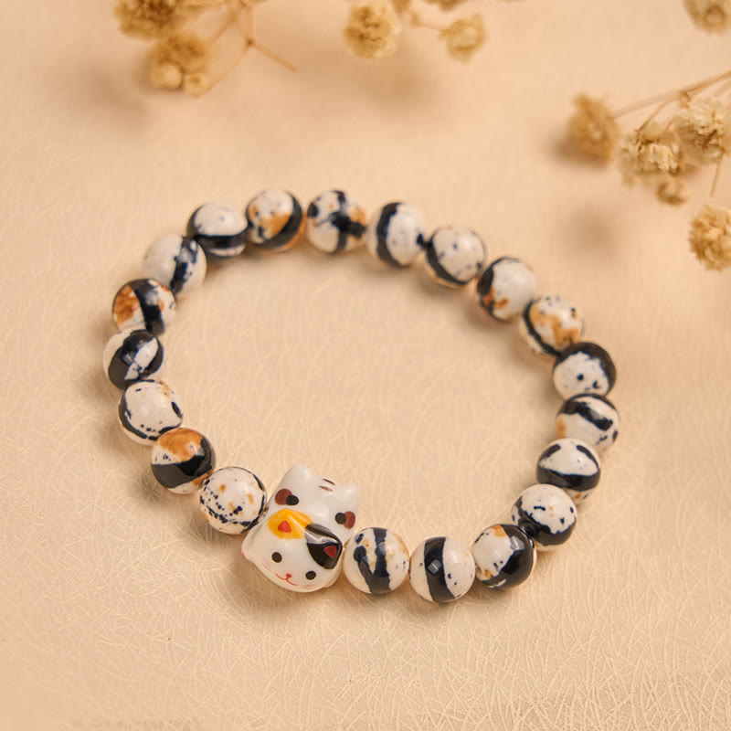 Braccialetto di forza con testa di gattino in ceramica naturale con Buddha Stones e gatto calico - image 3