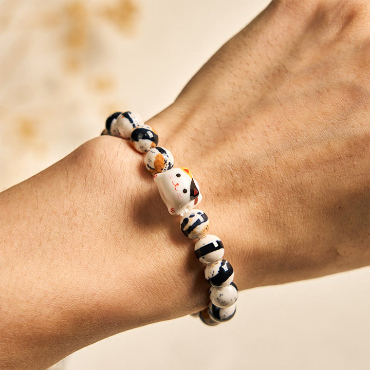 Braccialetto di forza con testa di gattino in ceramica naturale con Buddha Stones e gatto calico - image 4