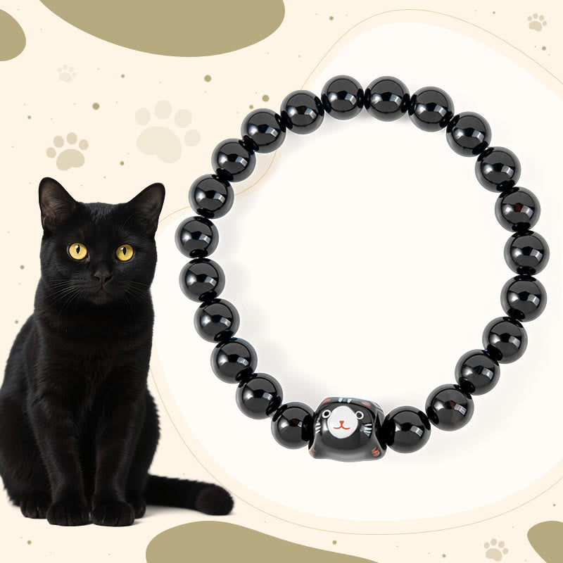 Braccialetto di supporto per gattini in ceramica naturale onice nero Buddha Stones Black Cat - Gatto nero (circonferenza polso 15-16 cm) - image 0