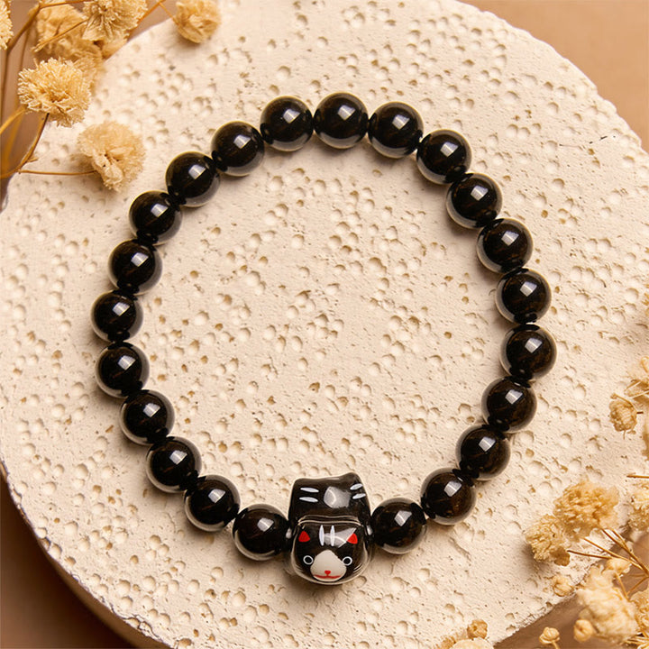 Braccialetto di supporto per gattini in ceramica naturale onice nero Buddha Stones Black Cat - image 1