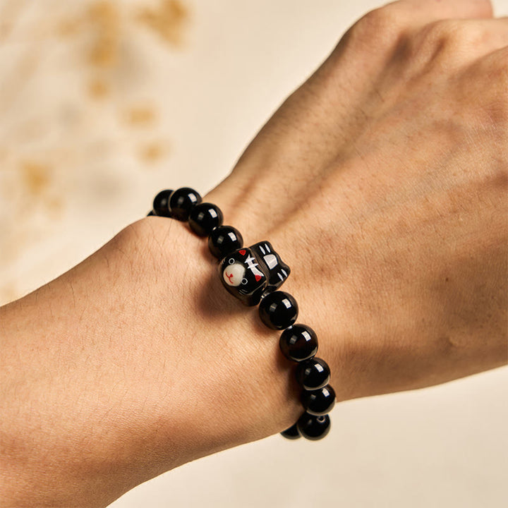 Braccialetto di supporto per gattini in ceramica naturale onice nero Buddha Stones Black Cat - image 4