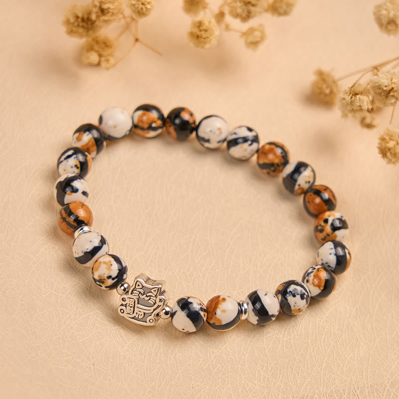 Bracciale con perline in pietra di gatto calico in argento sterling 925 Buddha Stones - image 1