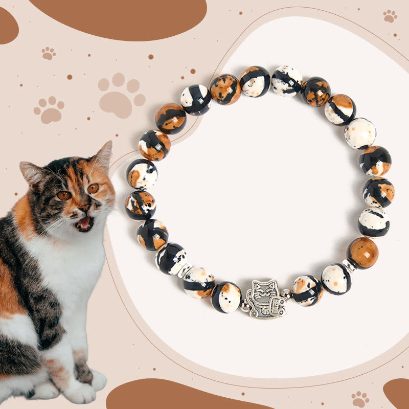Bracciale con perline in pietra di gatto calico in argento sterling 925 Buddha Stones - Gatto calico (circonferenza del polso 15-16 cm) - image 0