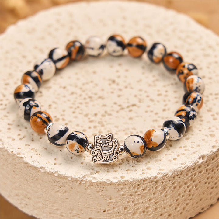 Bracciale con perline in pietra di gatto calico in argento sterling 925 Buddha Stones - image 3
