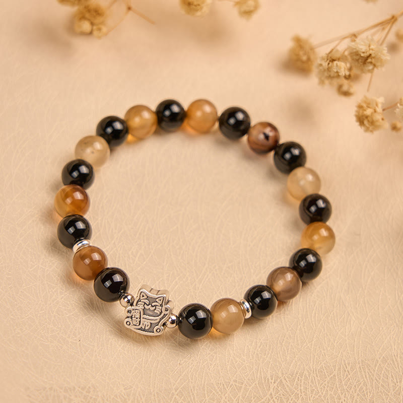 Bracciale Buddha Stones in argento sterling 925 con tartaruga e gatto, agata marrone chiaro striata, onice nero - image 1