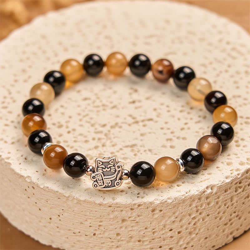 Bracciale Buddha Stones in argento sterling 925 con tartaruga e gatto, agata marrone chiaro striata, onice nero - image 3