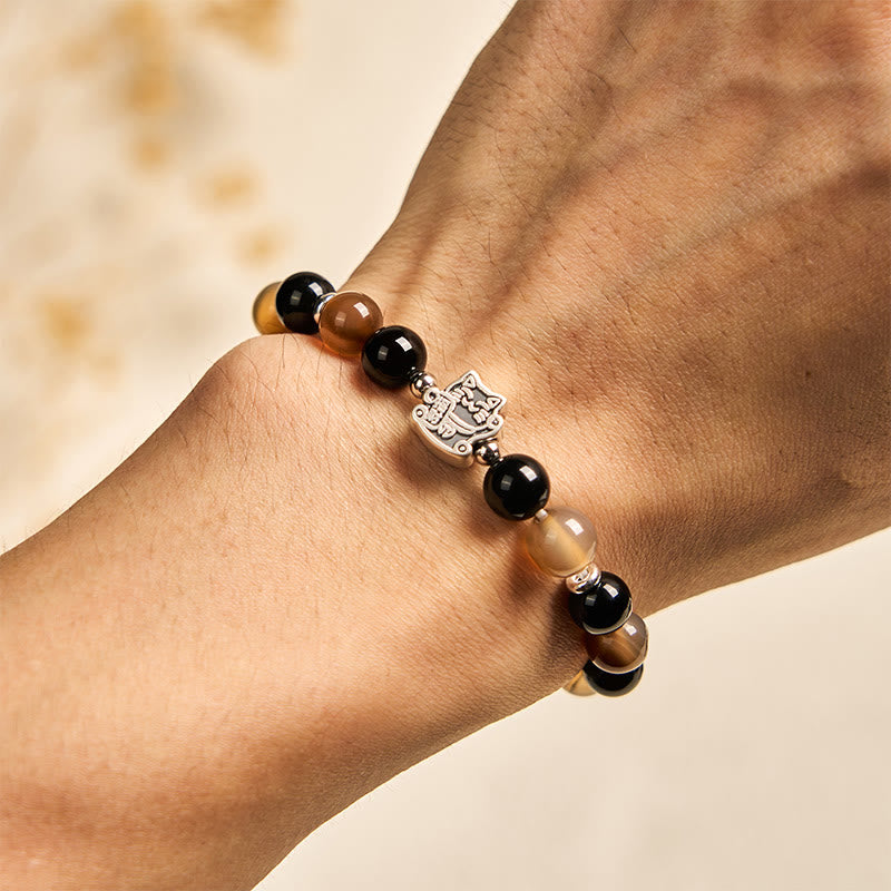Bracciale Buddha Stones in argento sterling 925 con tartaruga e gatto, agata marrone chiaro striata, onice nero - image 4