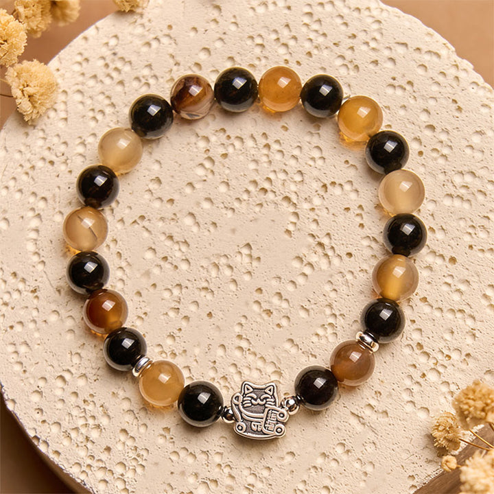 Bracciale Buddha Stones in argento sterling 925 con tartaruga e gatto, agata marrone chiaro striata, onice nero - image 2