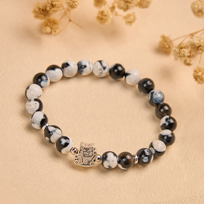 Bracciale Buddha Stones in argento sterling 925 con perline di agata di fuoco bianca e nera - image 1