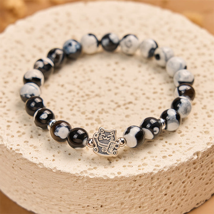 Bracciale Buddha Stones in argento sterling 925 con perline di agata di fuoco bianca e nera - image 3