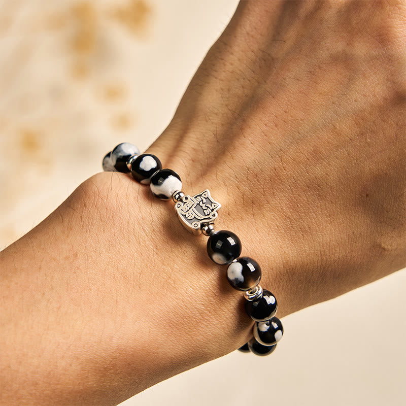 Bracciale Buddha Stones in argento sterling 925 con perline di agata di fuoco bianca e nera - image 4