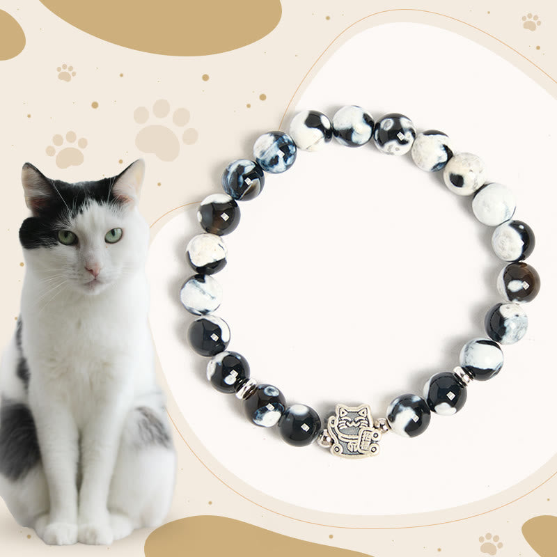 Bracciale Buddha Stones in argento sterling 925 con perline di agata di fuoco bianca e nera - Gatto bianco e nero (circonferenza del polso 15-16 cm) - image 0