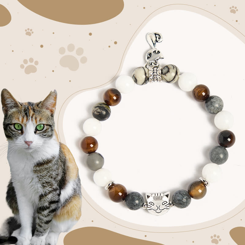 Bracciale Buddha Stones Tricolor Cat Diaspro venato nero Agata striata marrone Calcedonio Strength - Gatto tricolore (circonferenza polso 15-16 cm) - image 0