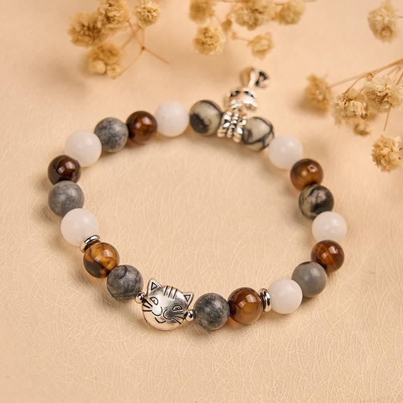 Bracciale Buddha Stones Tricolor Cat Diaspro venato nero Agata striata marrone Calcedonio Strength - image 1